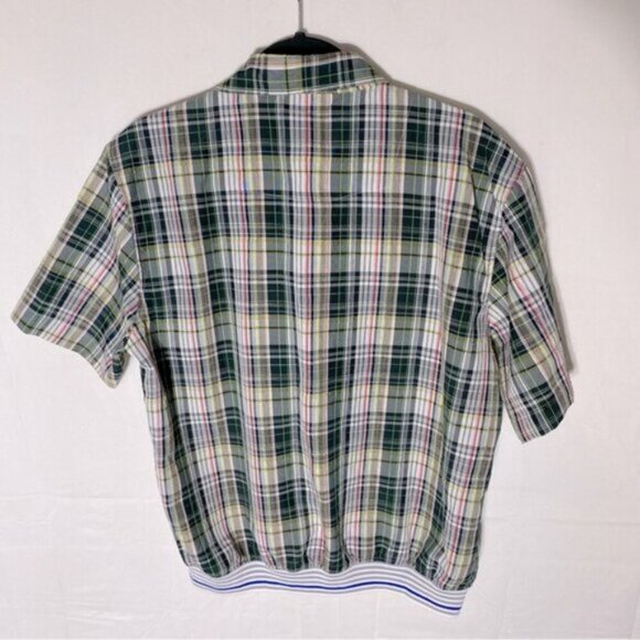 Jones New York Green Wht Plaid Short Sleeve Elastic Hem Snap Front Golf Shirt XL - Picture 13 of 14
